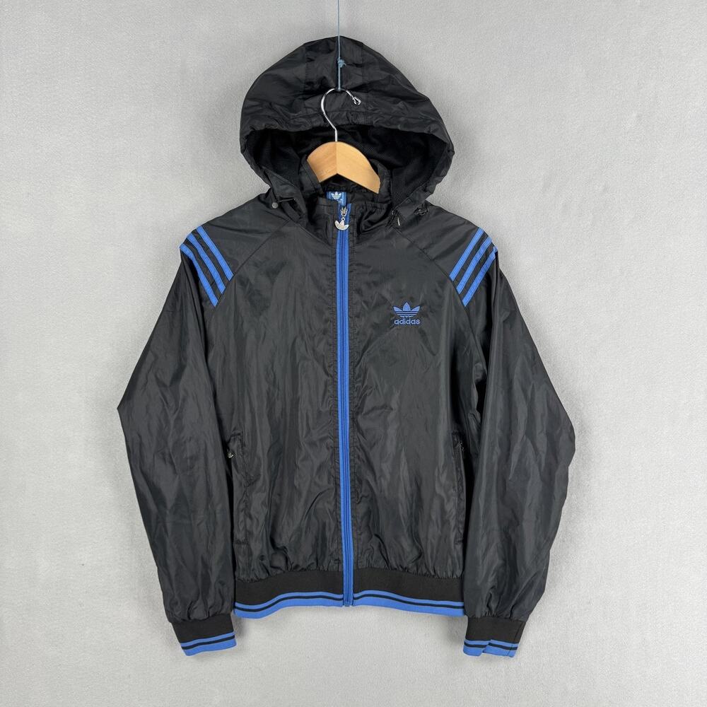 Vintage Adidas Originals Jacket Mens Medium Black Blue Hood Windbreaker Full Zip